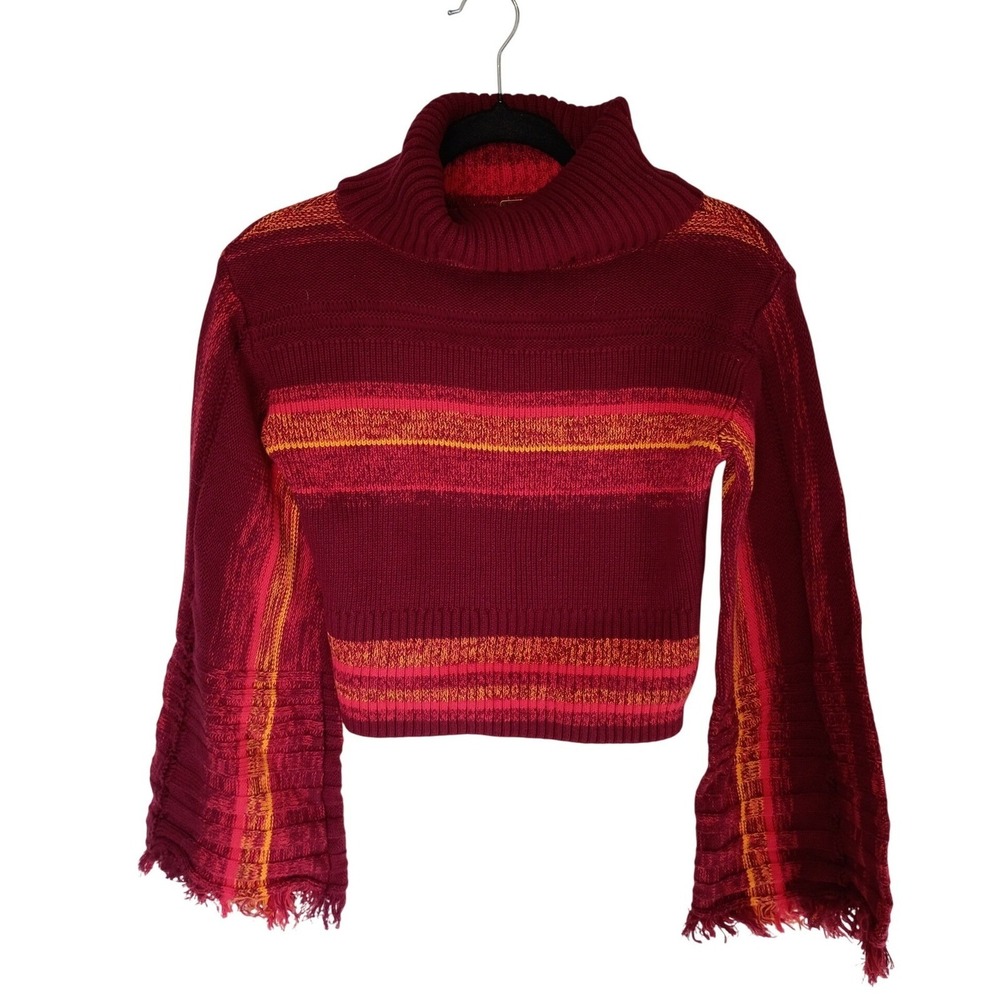 Free People Womens‎ Sweater Sz XS Red Striped Cropped Turtleneck Bell Sleeves - Picture 2 of 12